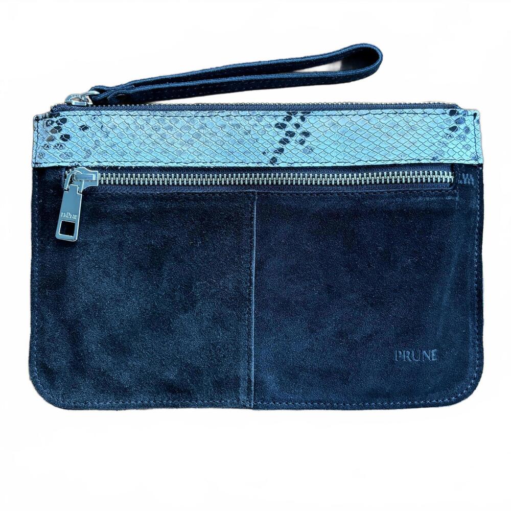 PRÜNE Suede & Snakeskin Embossed Leather Wristlet Clutch – Black